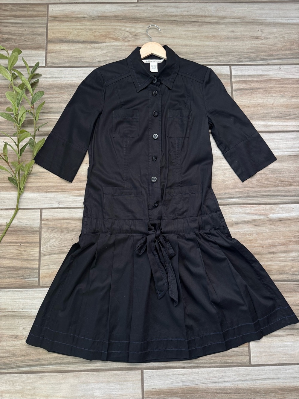 Diane von Furstenberg DVF Black Utility Shirt Dress 8 Cotton Safari Belted Y2K